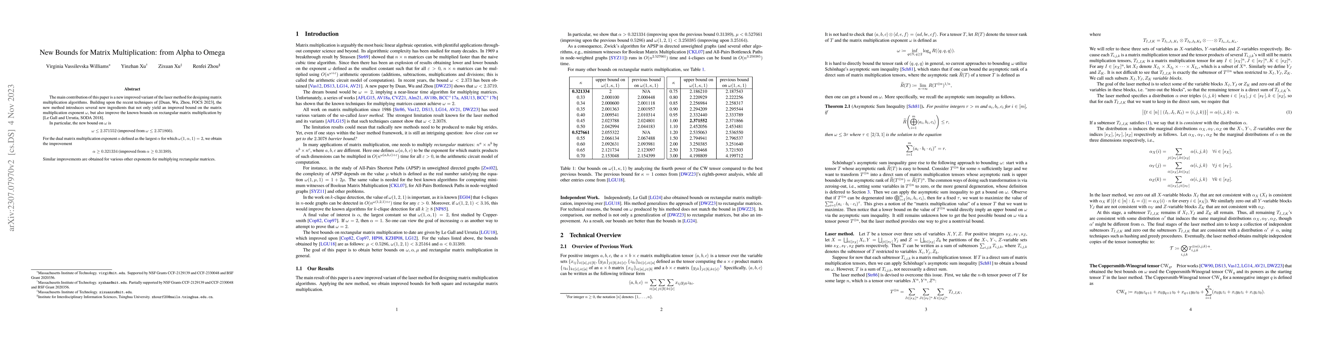 Thumbnail for New Bounds for Matrix Multiplication: from Alpha to Omega
