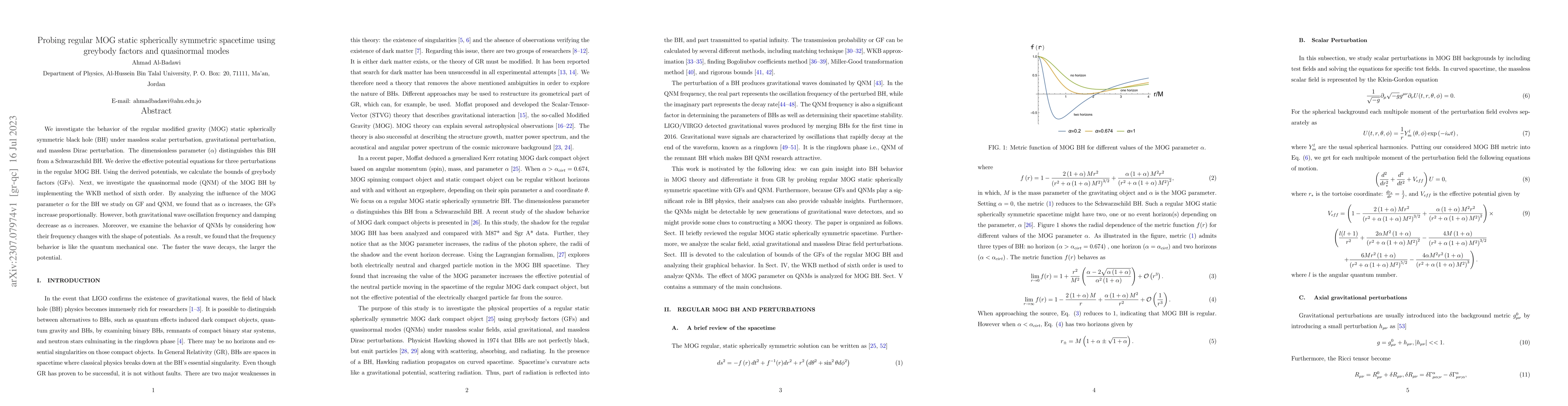 Thumbnail for Probing regular MOG static spherically symmetric spacetime using
  greybody factors and quasinormal modes