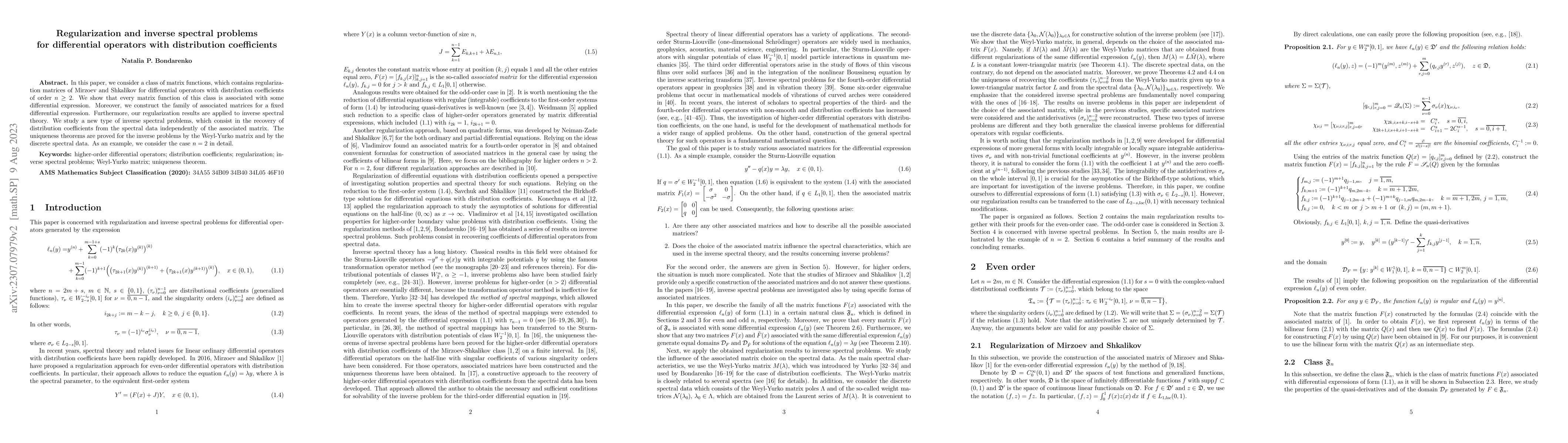 Thumbnail for Regularization and inverse spectral problems for differential operators
  with distribution coefficients