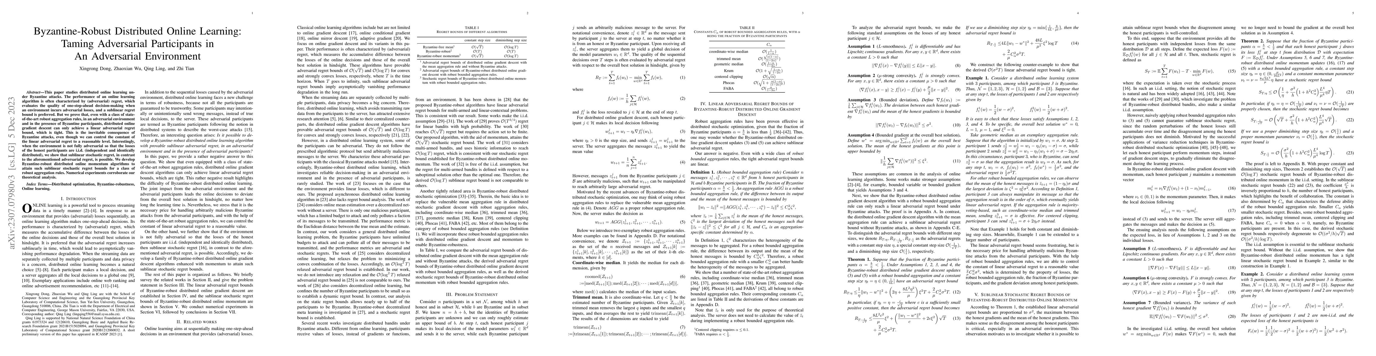 Thumbnail for Byzantine-Robust Distributed Online Learning: Taming Adversarial
  Participants in An Adversarial Environment