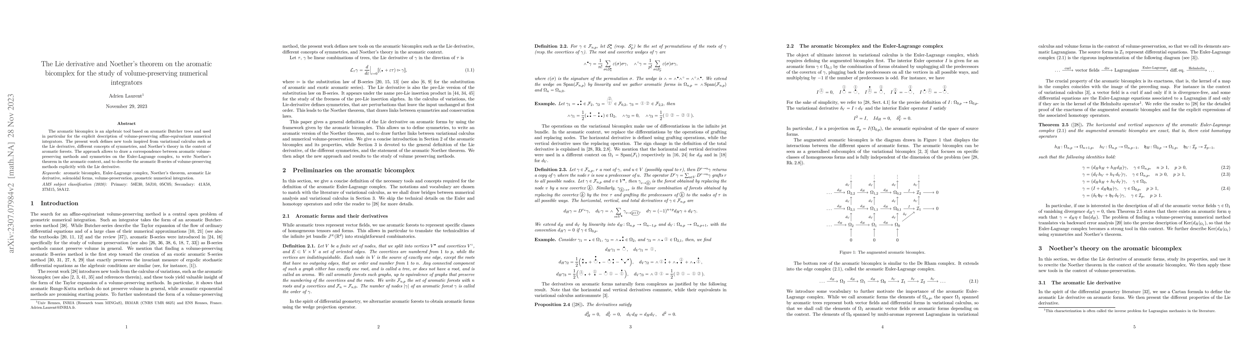 Thumbnail for The Lie derivative and Noether's theorem on the aromatic bicomplex for
  the study of volume-preserving numerical integrators