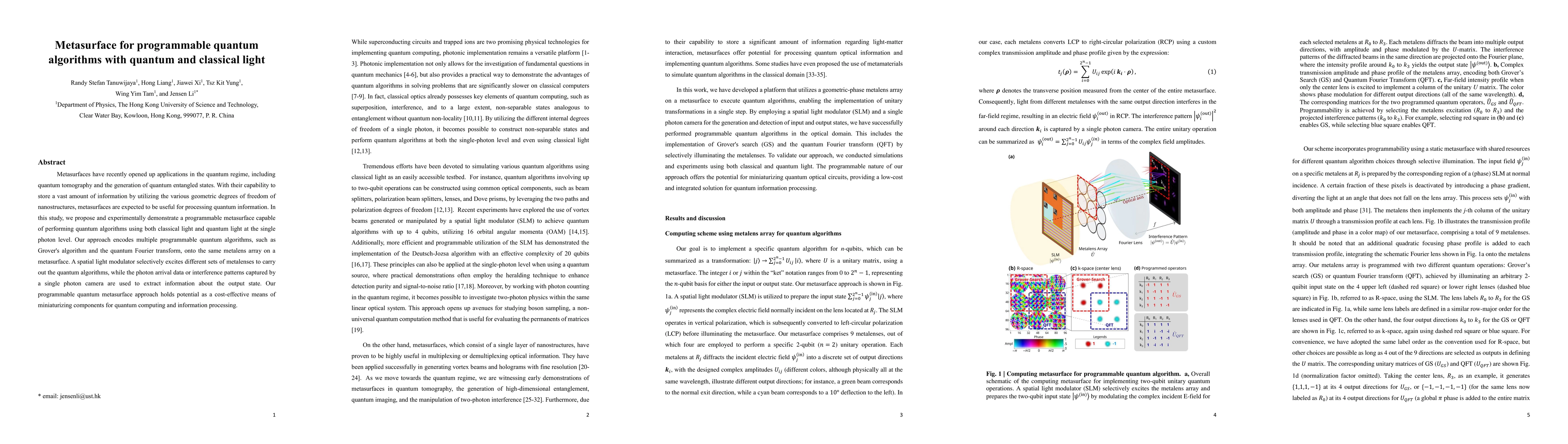 Thumbnail for Metasurface for programmable quantum algorithms with quantum and
  classical light