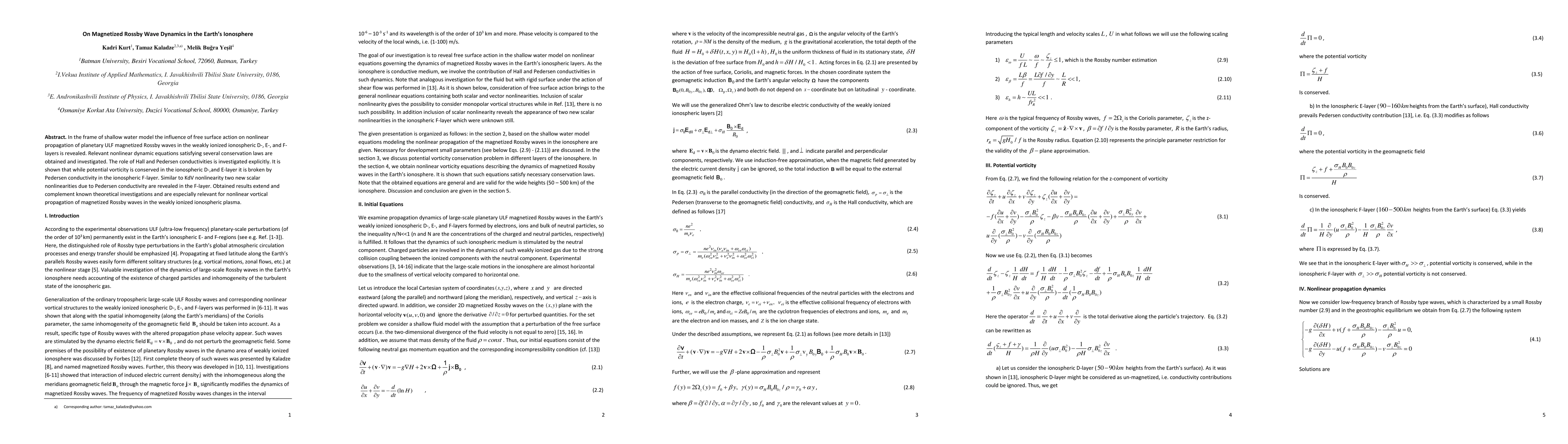 Thumbnail for On magnetized Rossby wave dynamics in the earth's ionosphere