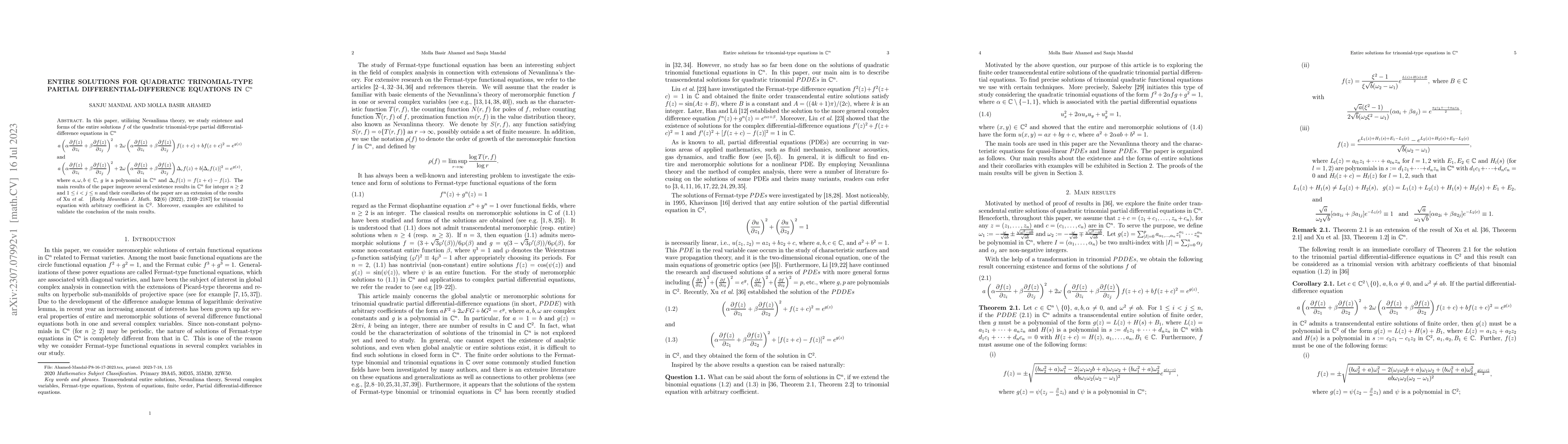 Thumbnail for Entire Solutions for quadratic trinomial-type partial
  differential-difference equations in $ \mathbb{C}^n $