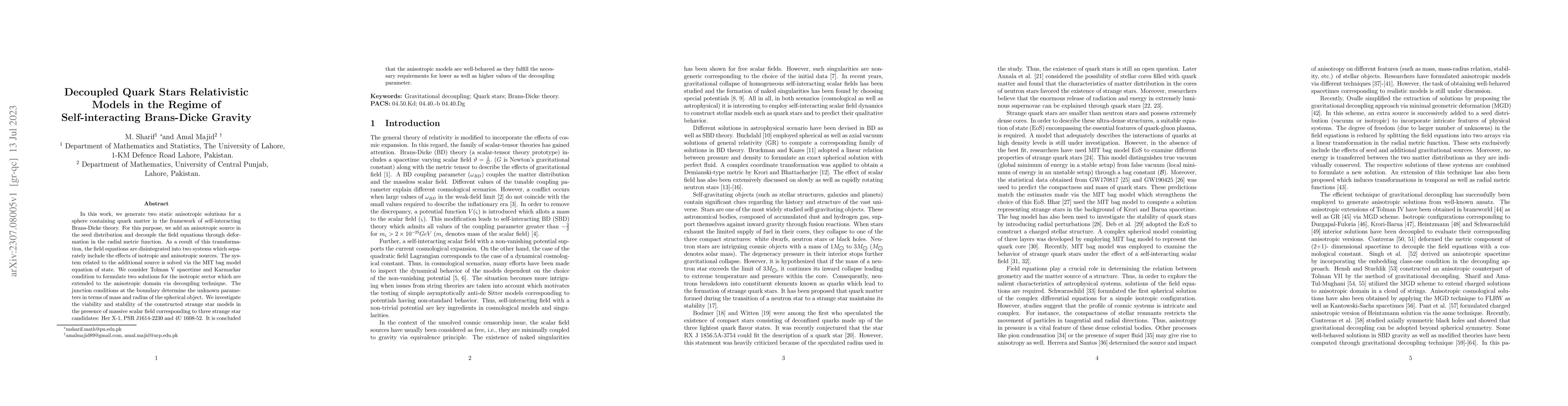 Thumbnail for Decoupled Quark Stars Relativistic Models in the Regime of
  Self-interacting Brans-Dicke Gravity