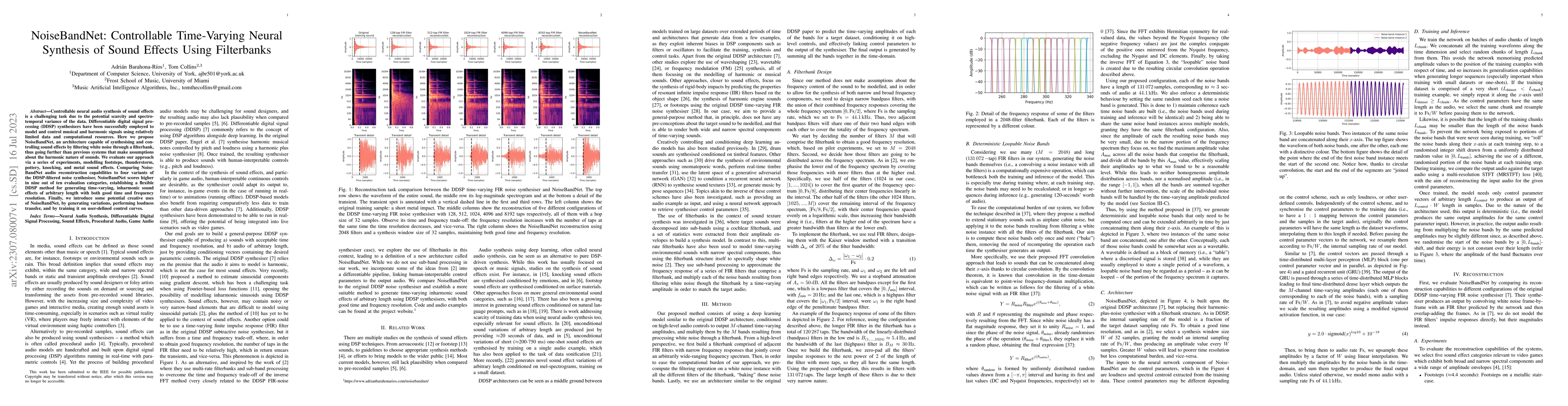 Thumbnail for NoiseBandNet: Controllable Time-Varying Neural Synthesis of Sound
  Effects Using Filterbanks