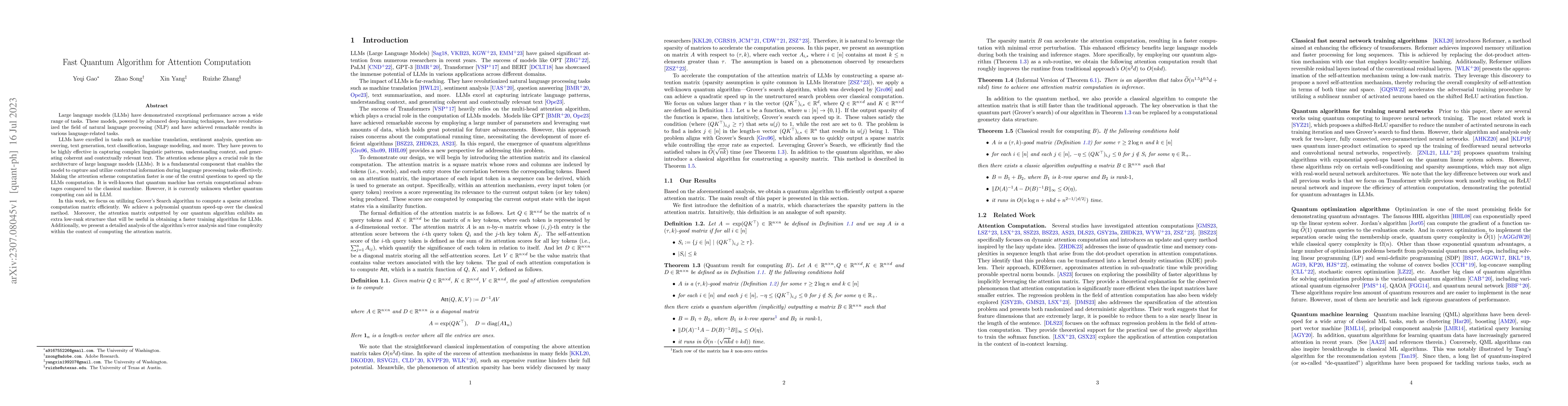 Thumbnail for Fast Quantum Algorithm for Attention Computation