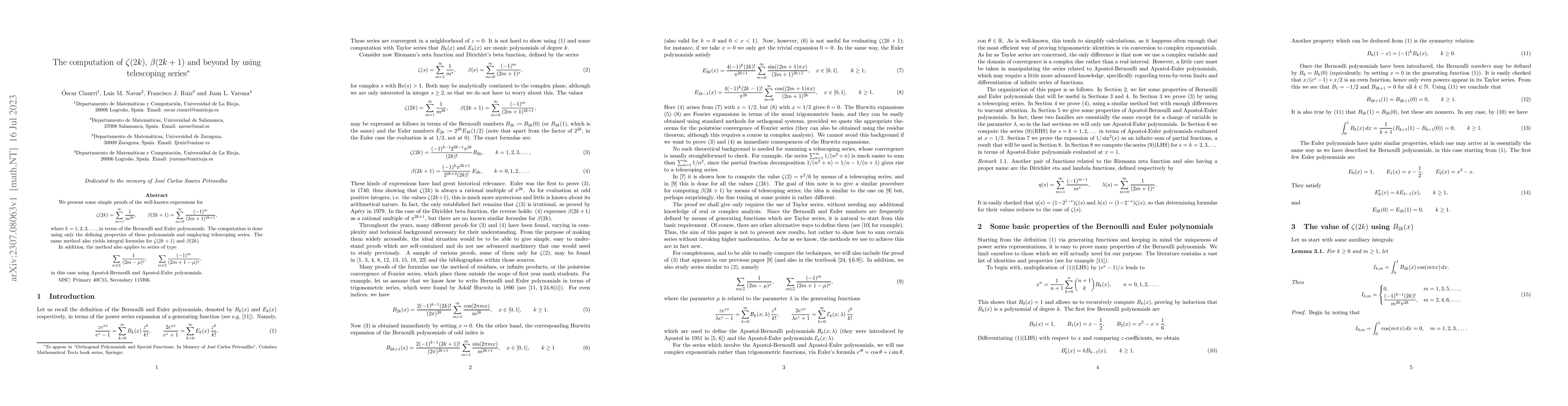 Thumbnail for The computation of $\zeta(2k)$, $\beta(2k+1)$ and beyond by using
  telescoping series