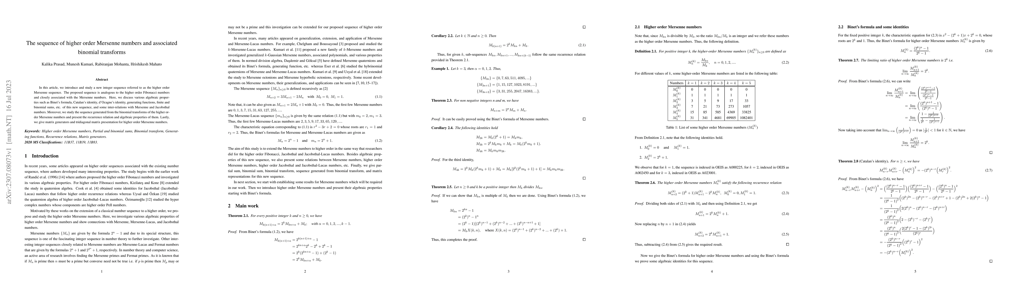 Thumbnail for The sequence of higher order Mersenne numbers and associated binomial
  transforms