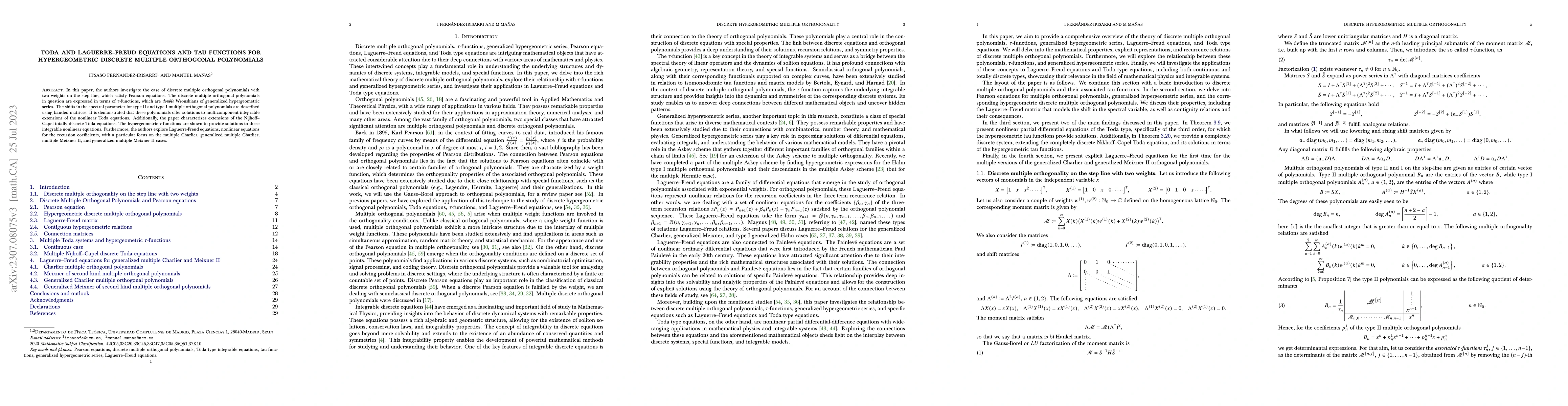 Thumbnail for Toda and Laguerre-Freud equations and tau functions for hypergeometric
  discrete multiple orthogonal polynomials