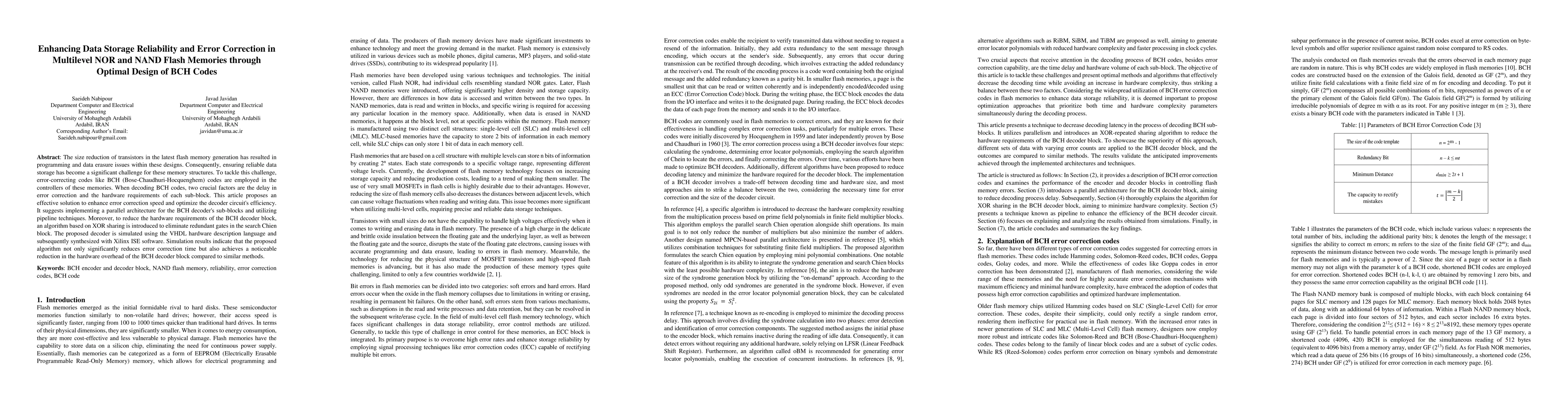 Thumbnail for Enhancing Data Storage Reliability and Error Correction in Multilevel
  NOR and NAND Flash Memories through Optimal Design of BCH Codes