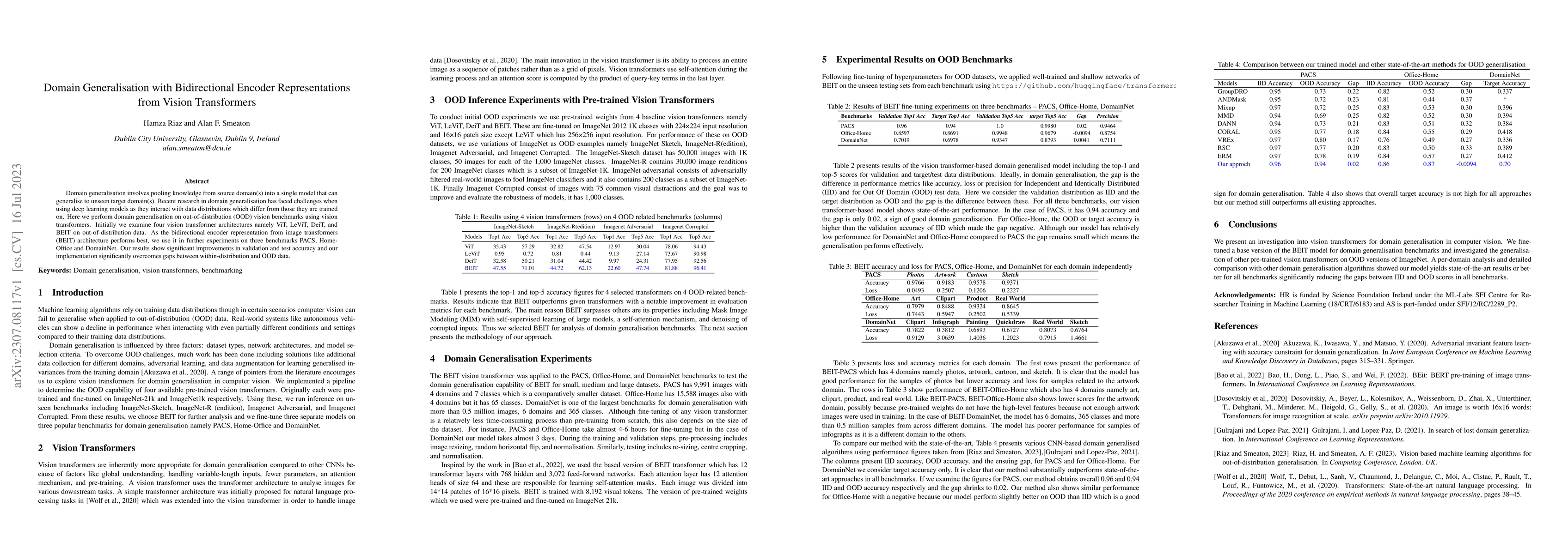 Thumbnail for Domain Generalisation with Bidirectional Encoder Representations from
  Vision Transformers