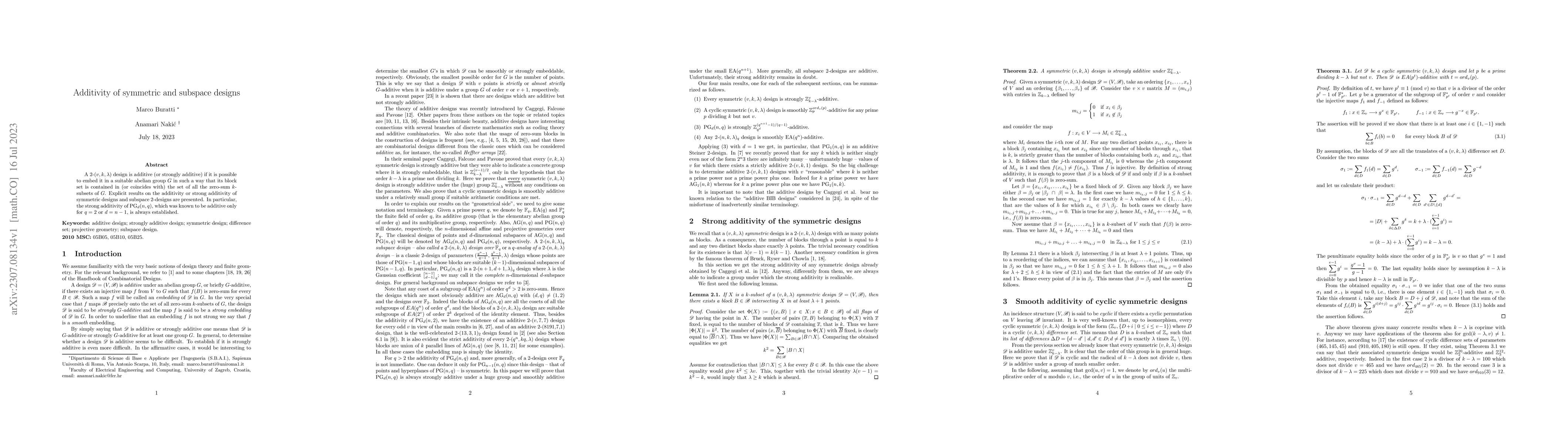 Thumbnail for Additivity of symmetric and subspace designs