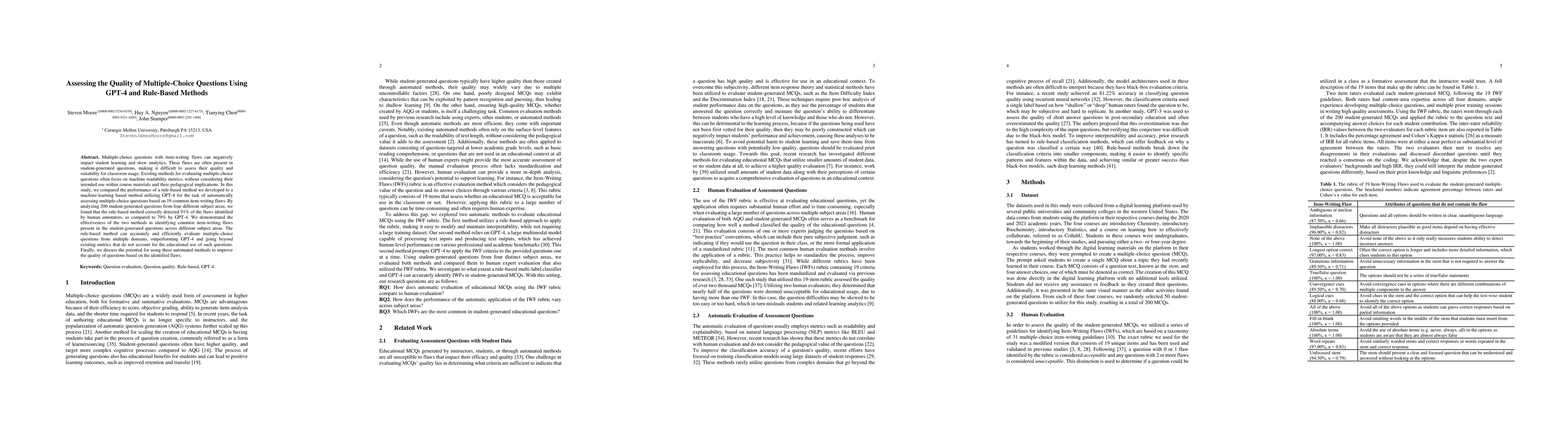 Thumbnail for Assessing the Quality of Multiple-Choice Questions Using GPT-4 and
  Rule-Based Methods