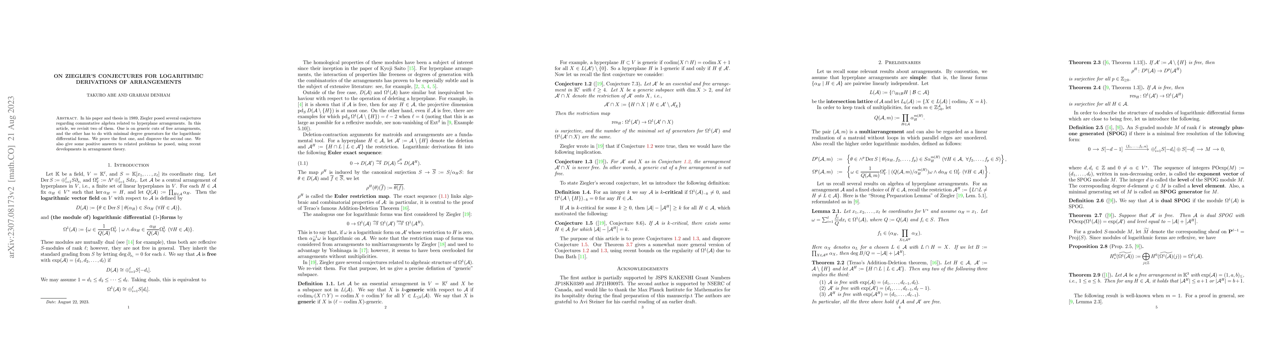 Thumbnail for On Ziegler's conjectures for logarithmic derivations of arrangements