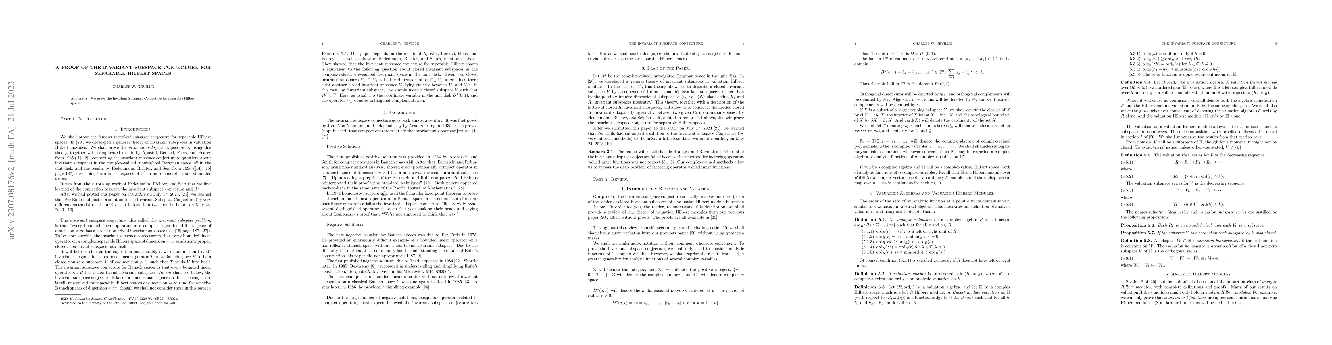 Thumbnail for A Proof of the Invariant Subspace Conjecture for Separable Hilbert
  Spaces