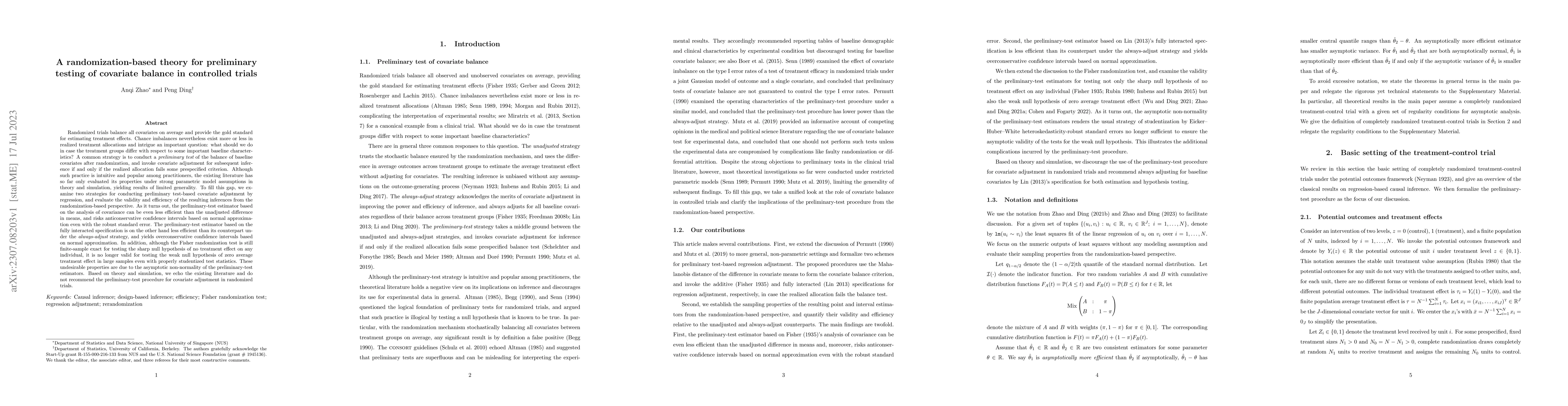 Thumbnail for A randomization-based theory for preliminary testing of covariate
  balance in controlled trials