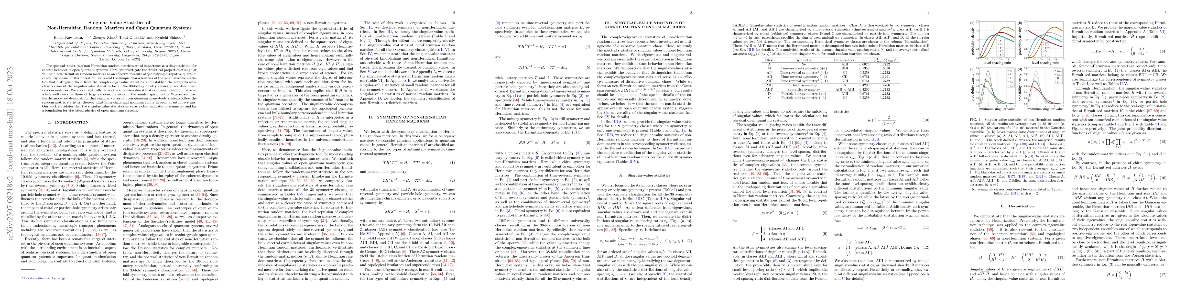 Thumbnail for Singular-Value Statistics of Non-Hermitian Random Matrices and Open
  Quantum Systems
