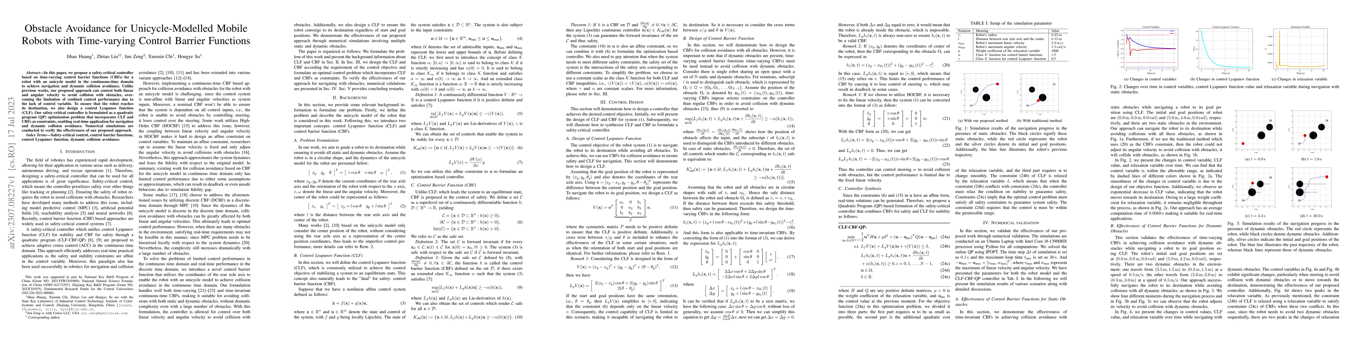 Thumbnail for Obstacle Avoidance for Unicycle-Modelled Mobile Robots with Time-varying
  Control Barrier Functions