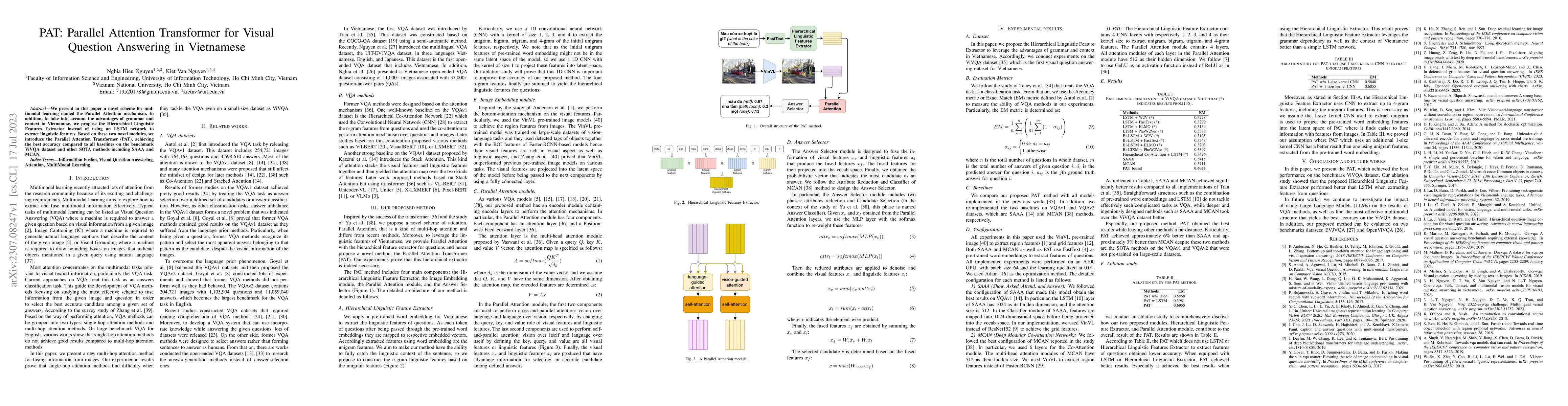 Thumbnail for PAT: Parallel Attention Transformer for Visual Question Answering in
  Vietnamese