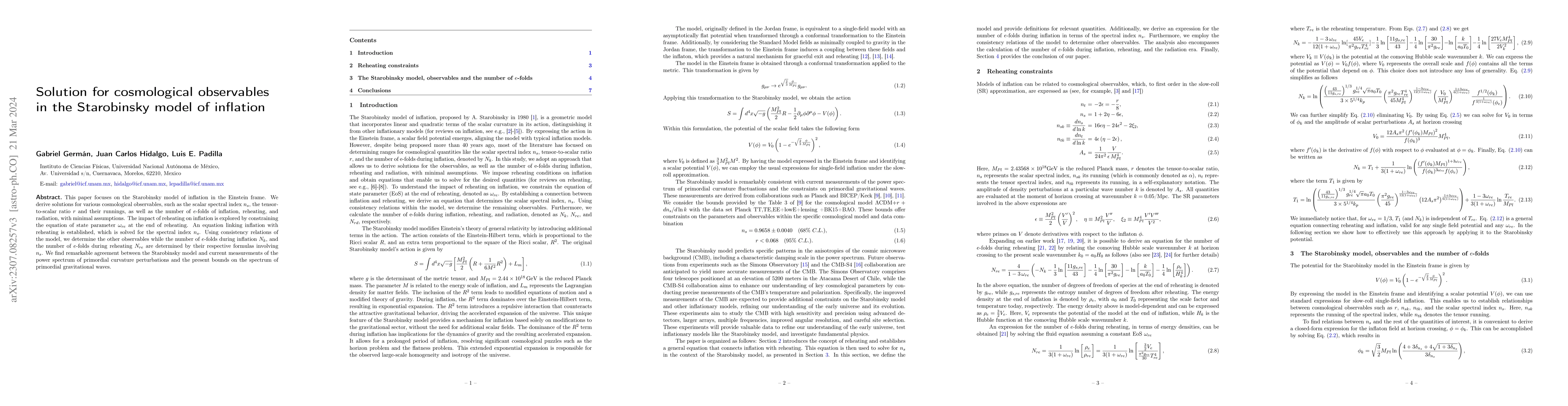 Thumbnail for Solution for cosmological observables in the Starobinsky model of
  inflation