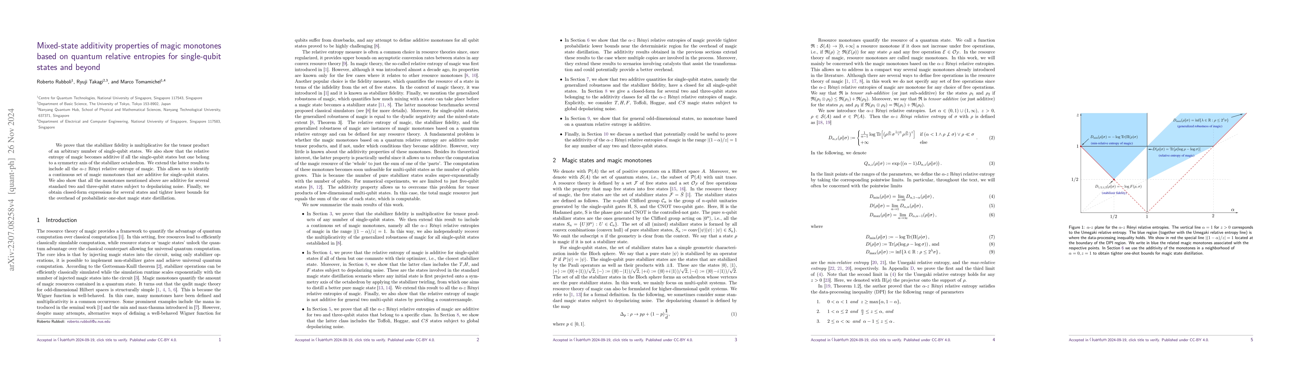 Thumbnail for Mixed-state additivity properties of magic monotones based on quantum
  relative entropies for single-qubit states and beyond