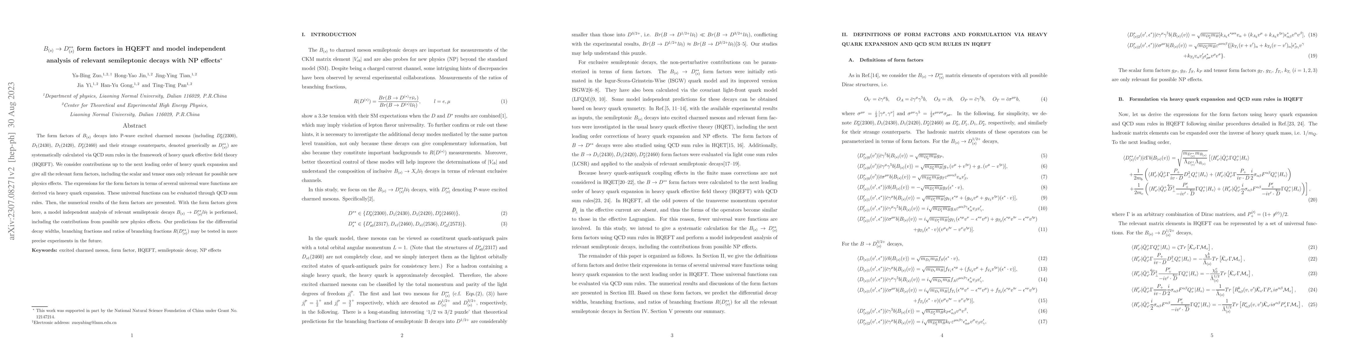 Thumbnail for $B_{(s)} \rightarrow D^{**}_{(s)}$ form factors in HQEFT and model
  independent analysis of relevant semileptonic decays with NP effects