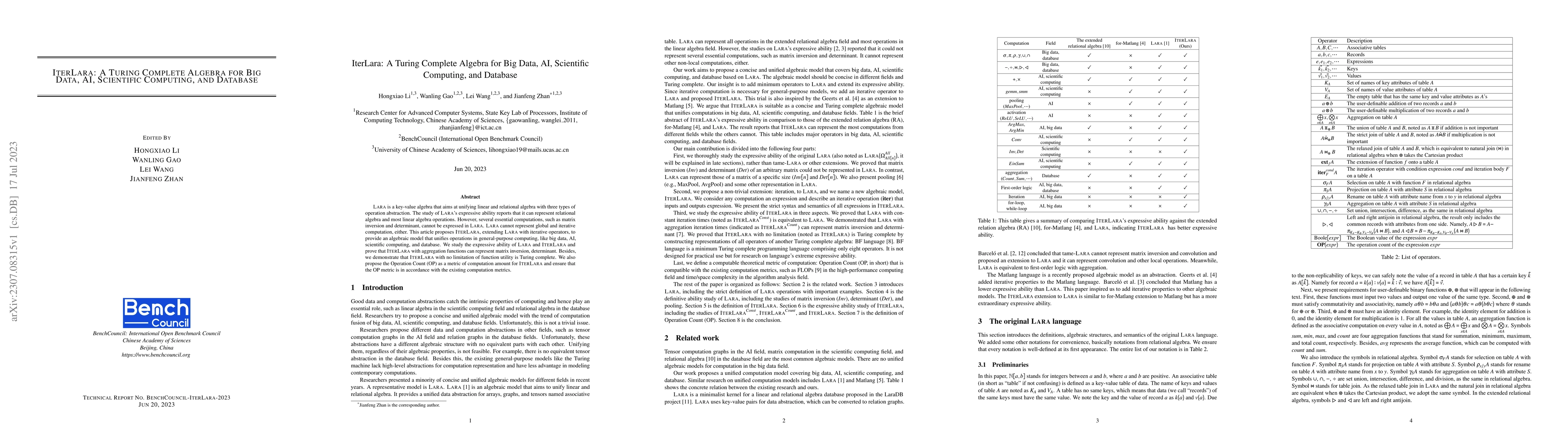 Thumbnail for IterLara: A Turing Complete Algebra for Big Data, AI, Scientific
  Computing, and Database