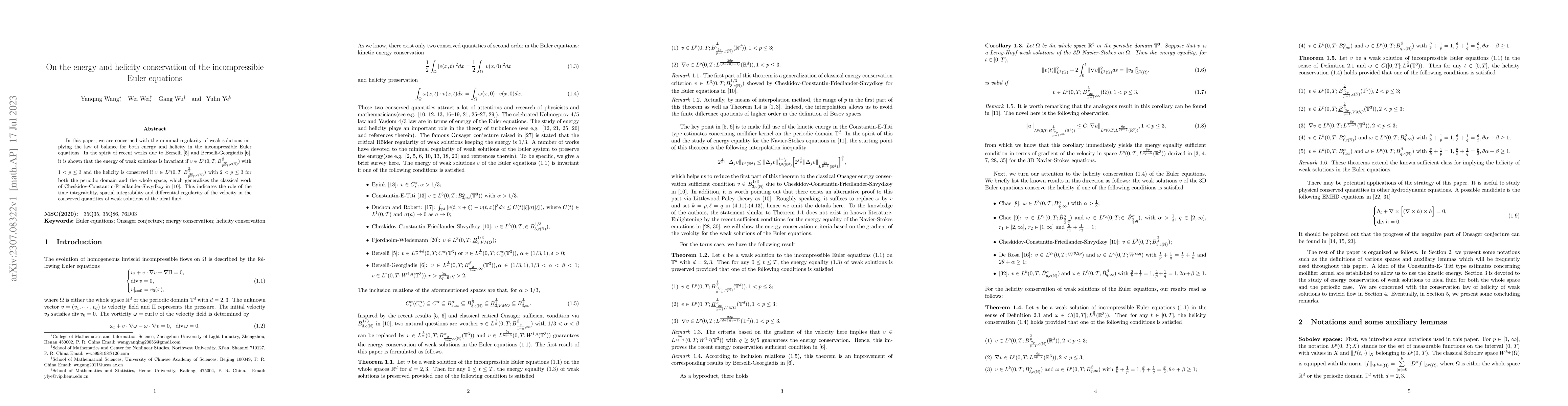Thumbnail for On the energy and helicity conservation of the incompressible Euler
  equations