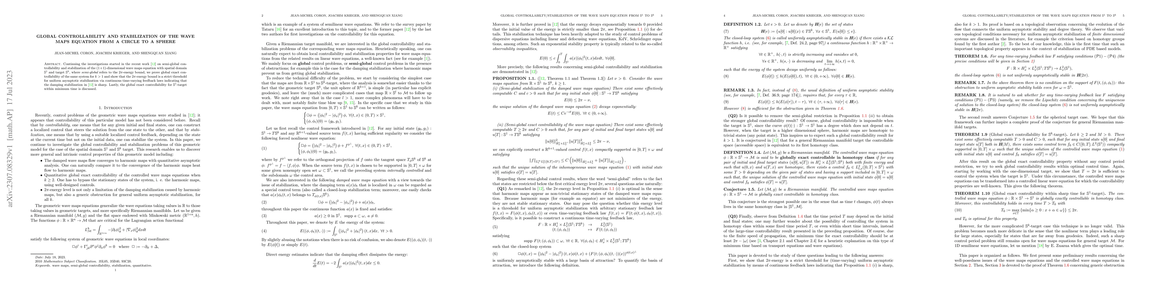 Thumbnail for Global controllability and stabilization of the wave maps equation from
  a circle to a sphere