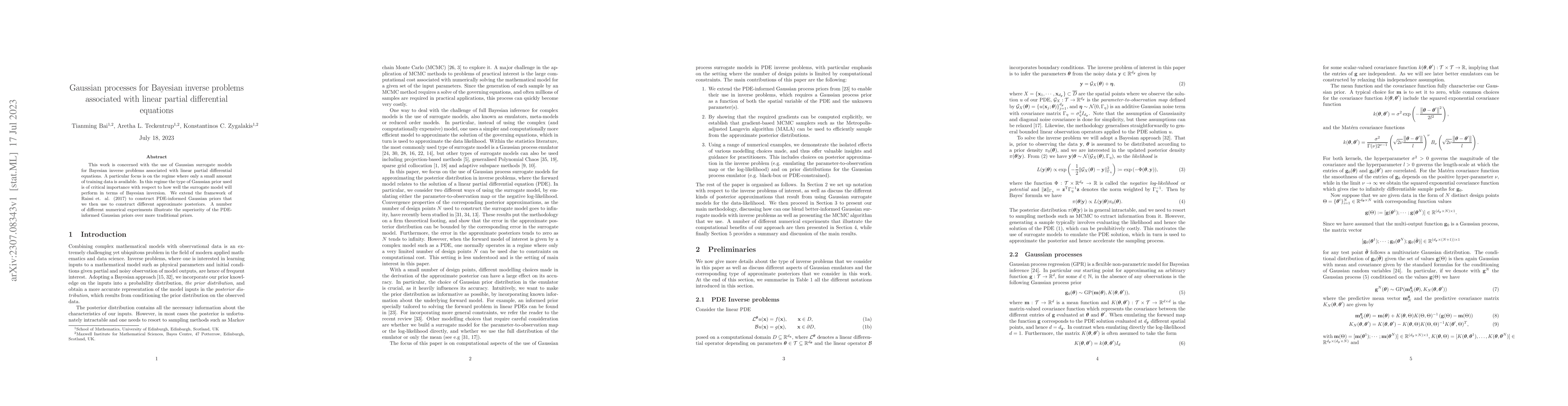 Thumbnail for Gaussian processes for Bayesian inverse problems associated with linear
  partial differential equations