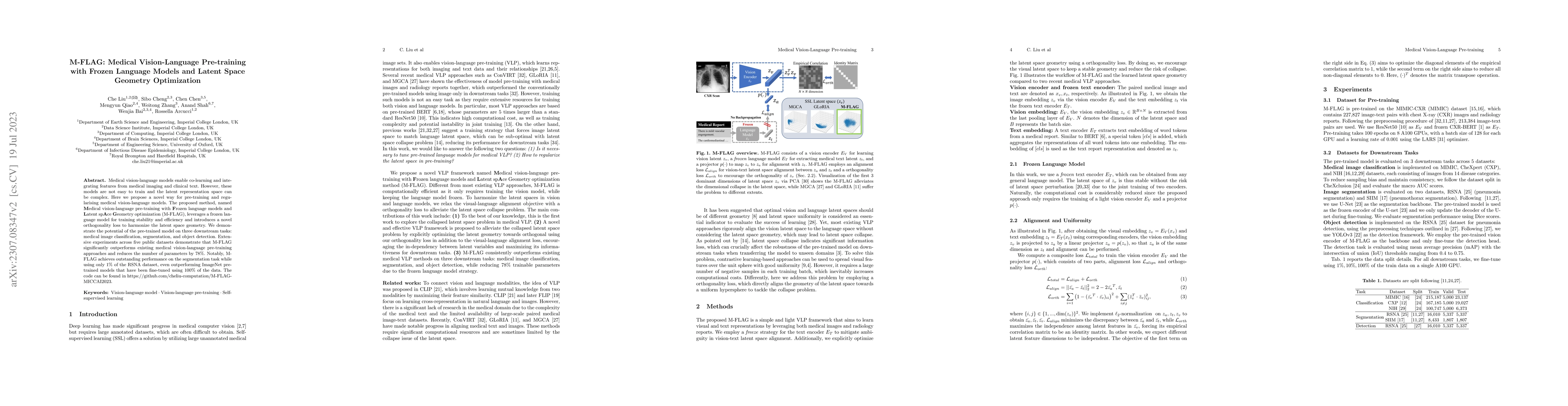 Thumbnail for M-FLAG: Medical Vision-Language Pre-training with Frozen Language Models
  and Latent Space Geometry Optimization