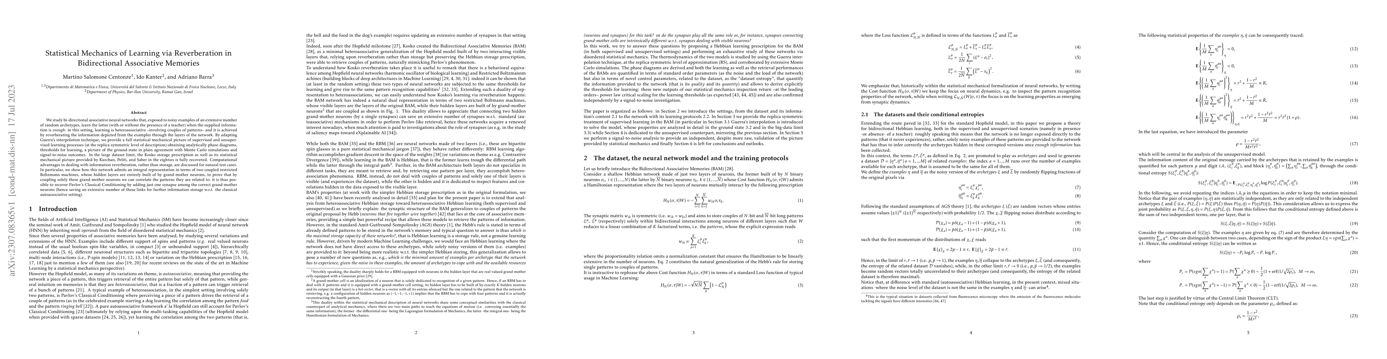 Thumbnail for Statistical Mechanics of Learning via Reverberation in Bidirectional
  Associative Memories