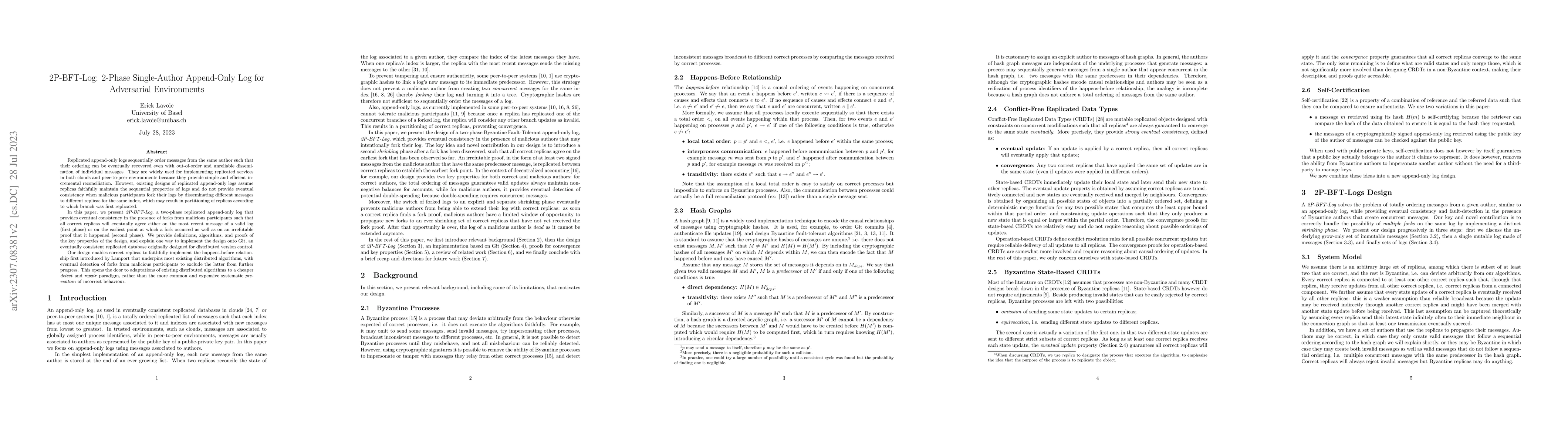 Thumbnail for 2P-BFT-Log: 2-Phase Single-Author Append-Only Log for Adversarial
  Environments