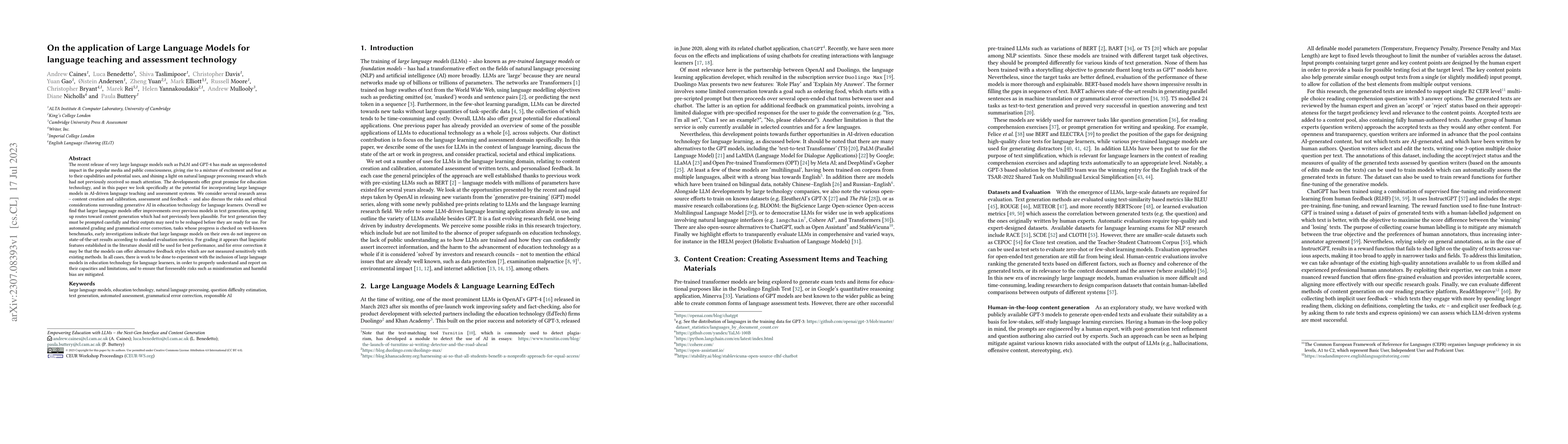 Thumbnail for On the application of Large Language Models for language teaching and
  assessment technology