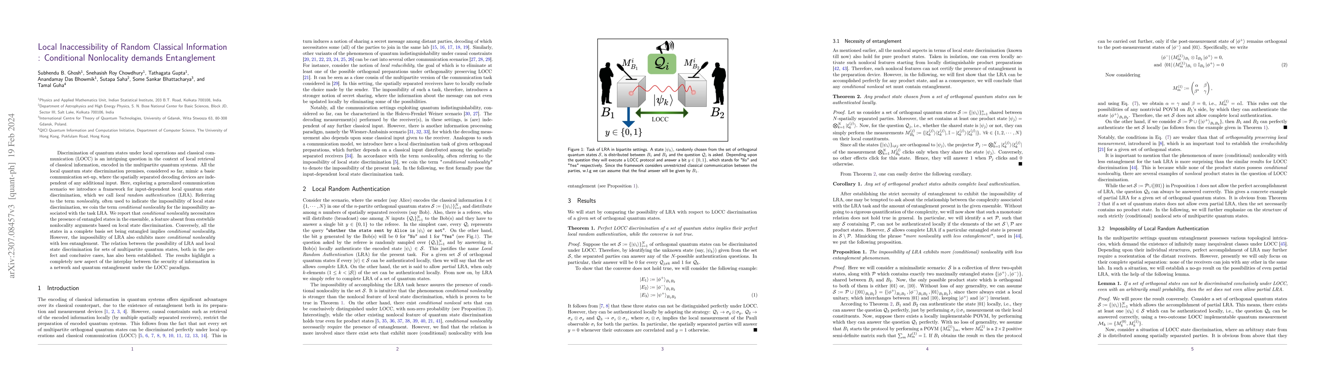 Thumbnail for Local Inaccessibility of Random Classical Information : Conditional
  Nonlocality demands Entanglement