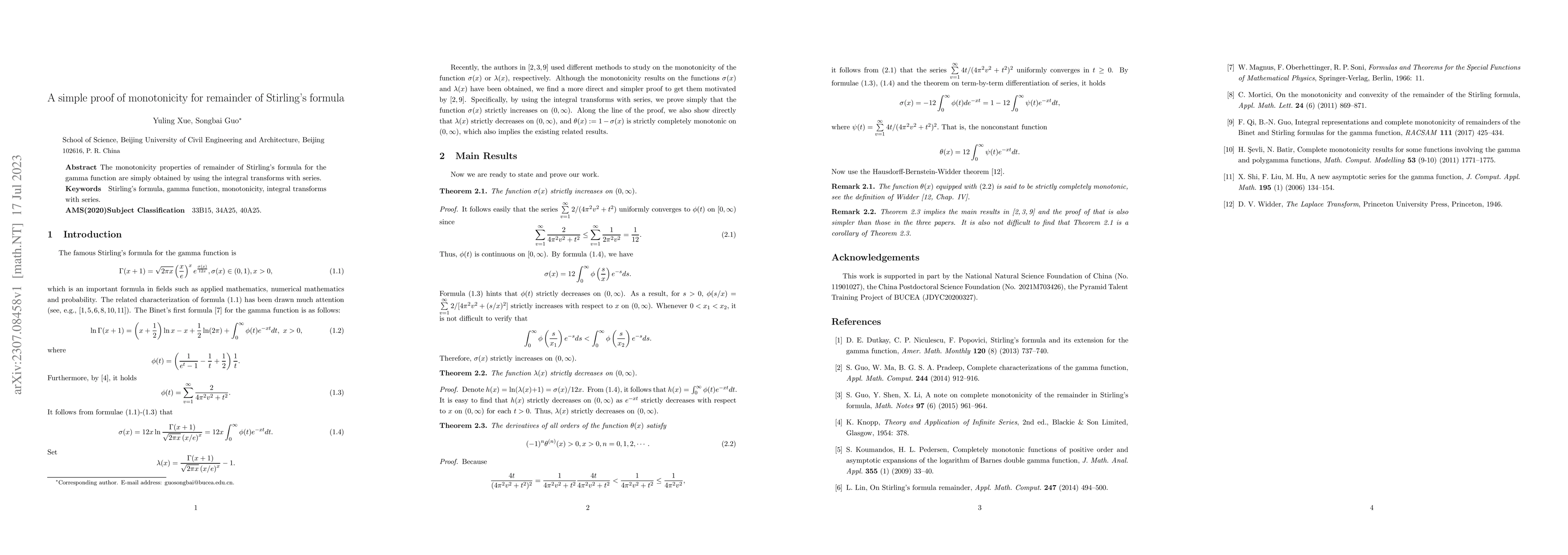Thumbnail for A simple proof of monotonicity for remainder of Stirling's formula