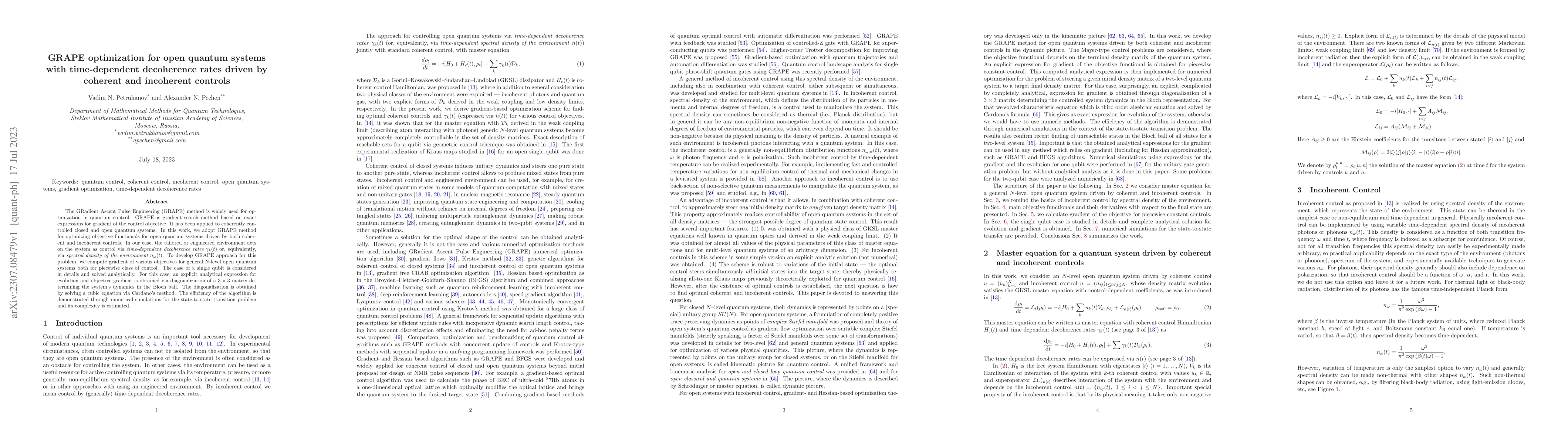 Thumbnail for GRAPE optimization for open quantum systems with time-dependent
  decoherence rates driven by coherent and incoherent controls