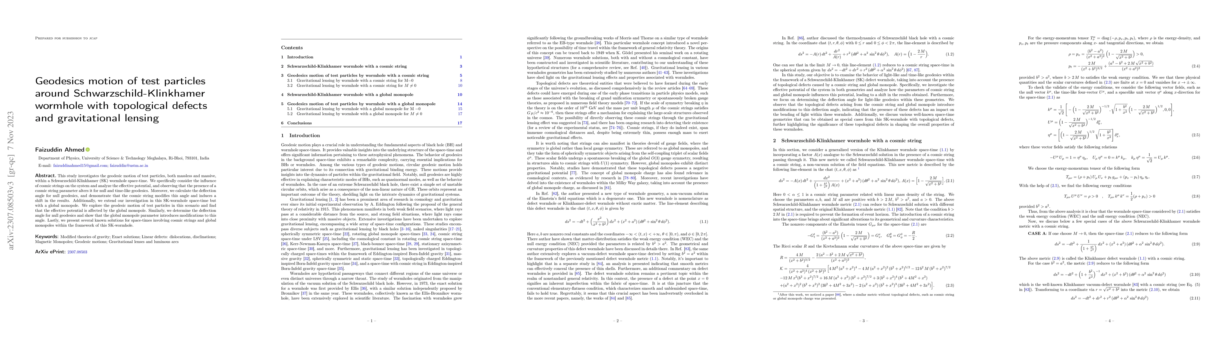 Thumbnail for Geodesics motion of test particles around Schwarzschild-Klinkhamer
  wormhole with topological defects and gravitational lensing