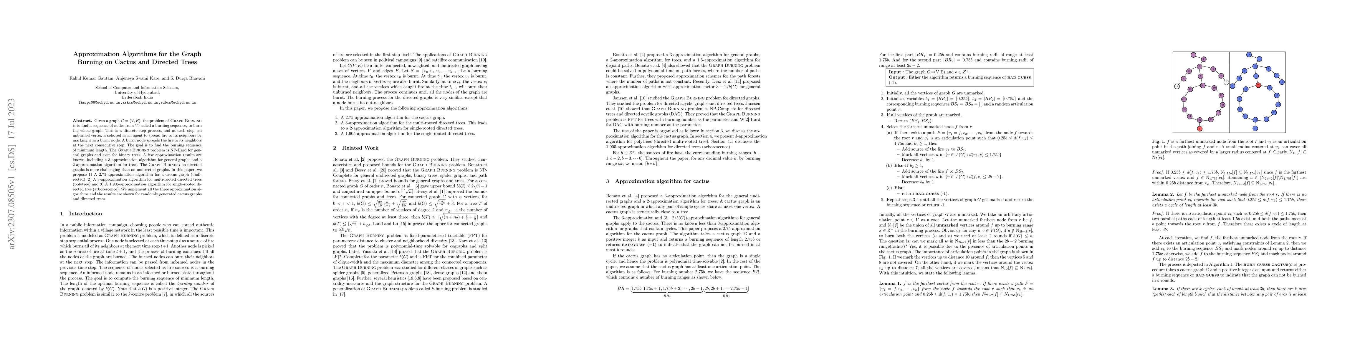 Thumbnail for Approximation Algorithms for the Graph Burning on Cactus and Directed
  Trees