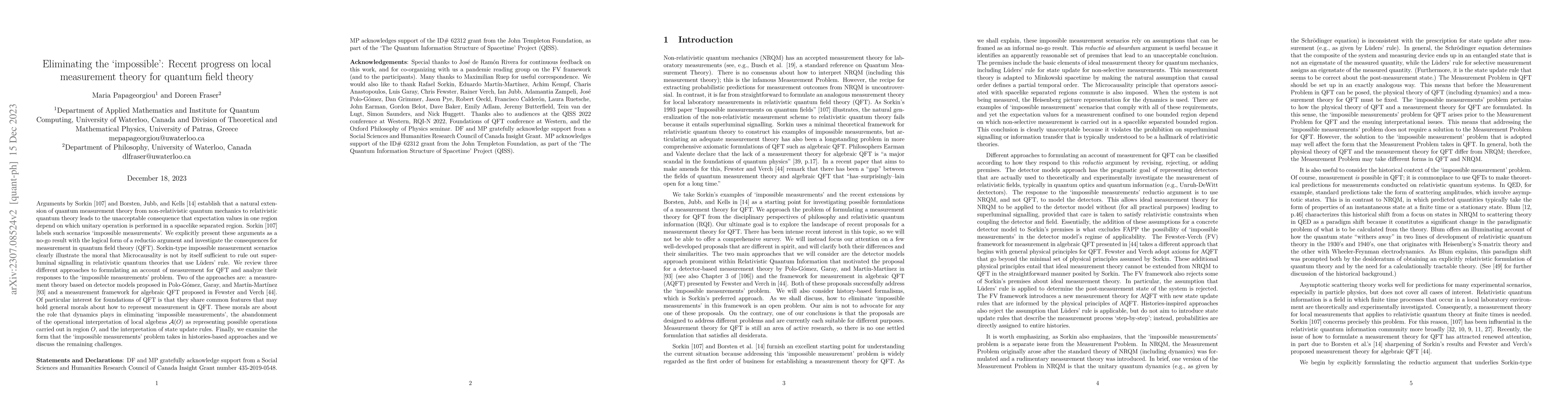 Thumbnail for Eliminating the "impossible": Recent progress on local measurement
  theory for quantum field theory