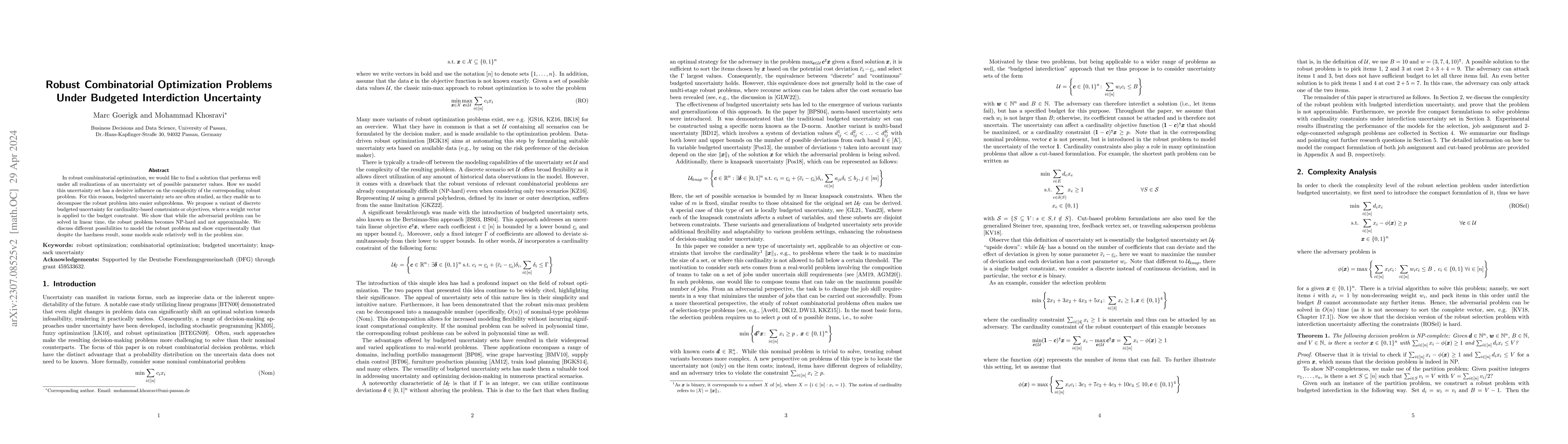 Thumbnail for Robust Combinatorial Optimization Problems Under Budgeted Interdiction
  Uncertainty