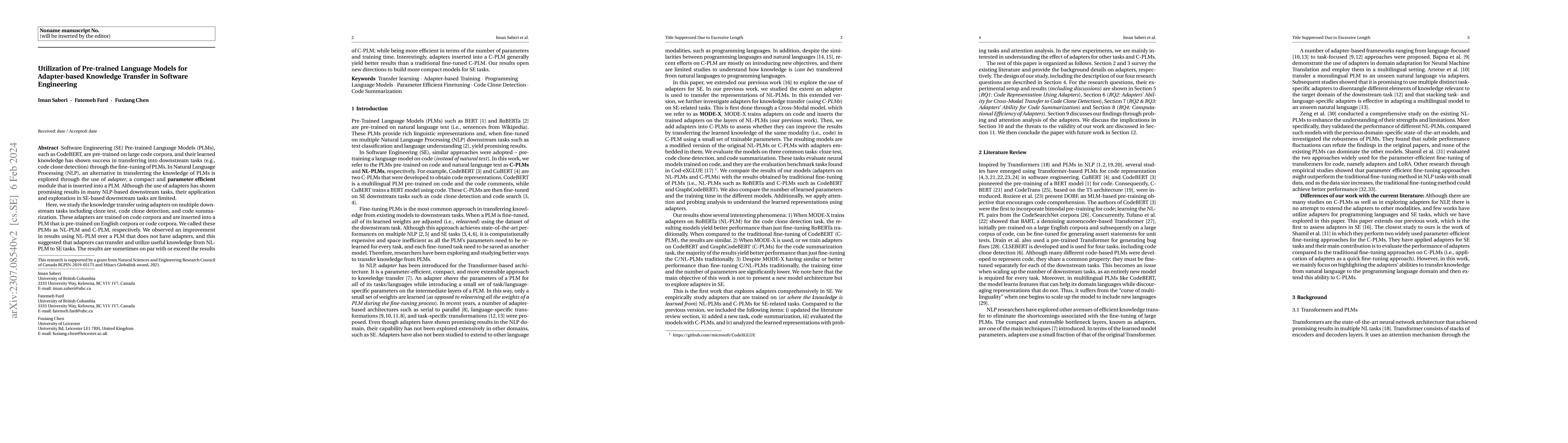 Thumbnail for Utilization of Pre-trained Language Model for Adapter-based Knowledge
  Transfer in Software Engineering