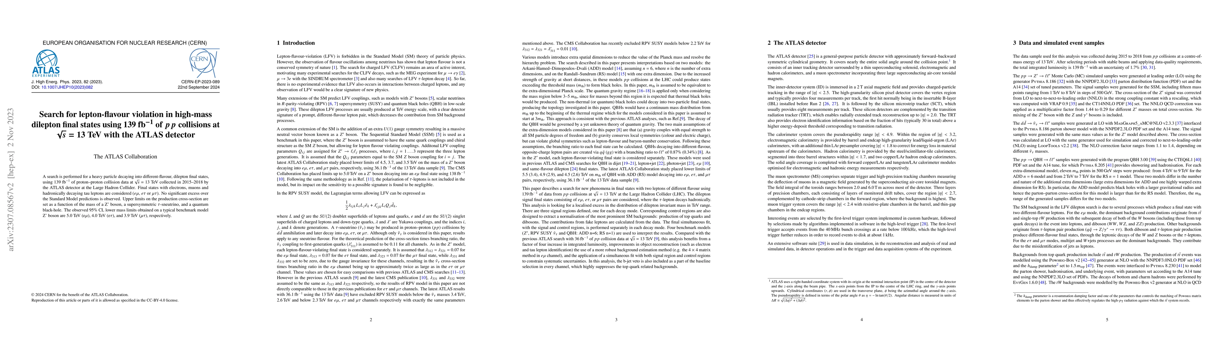 Thumbnail for Search for lepton-flavour violation in high-mass dilepton final states
  using 139 $\mathrm{fb}^{-1}$ of $pp$ collisions at $\sqrt{s}=13$ TeV with the
  ATLAS detector