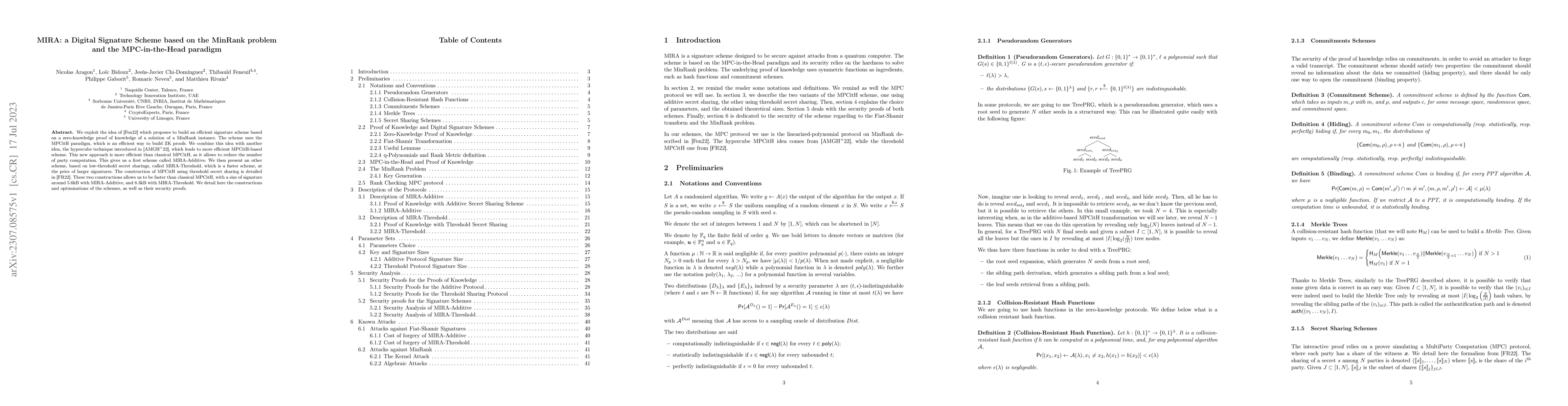 Thumbnail for MIRA: a Digital Signature Scheme based on the MinRank problem and the
  MPC-in-the-Head paradigm