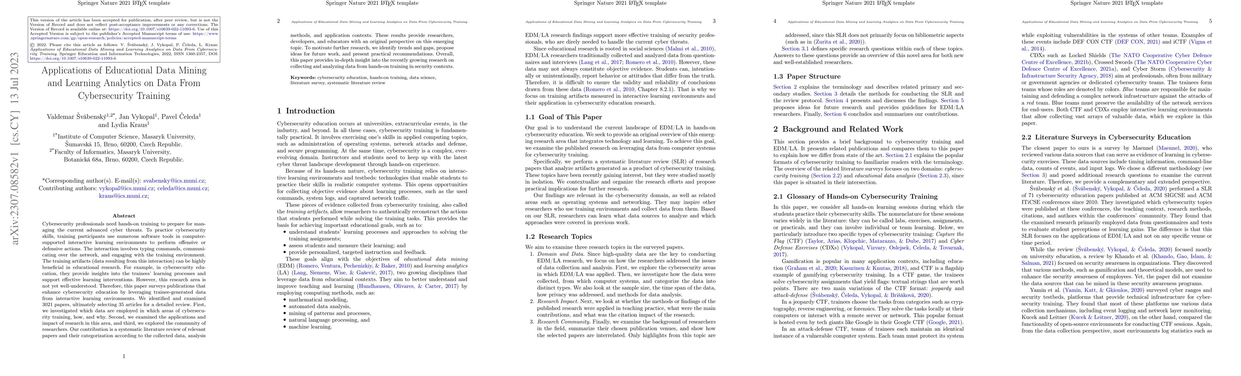 Thumbnail for Applications of Educational Data Mining and Learning Analytics on Data
  From Cybersecurity Training