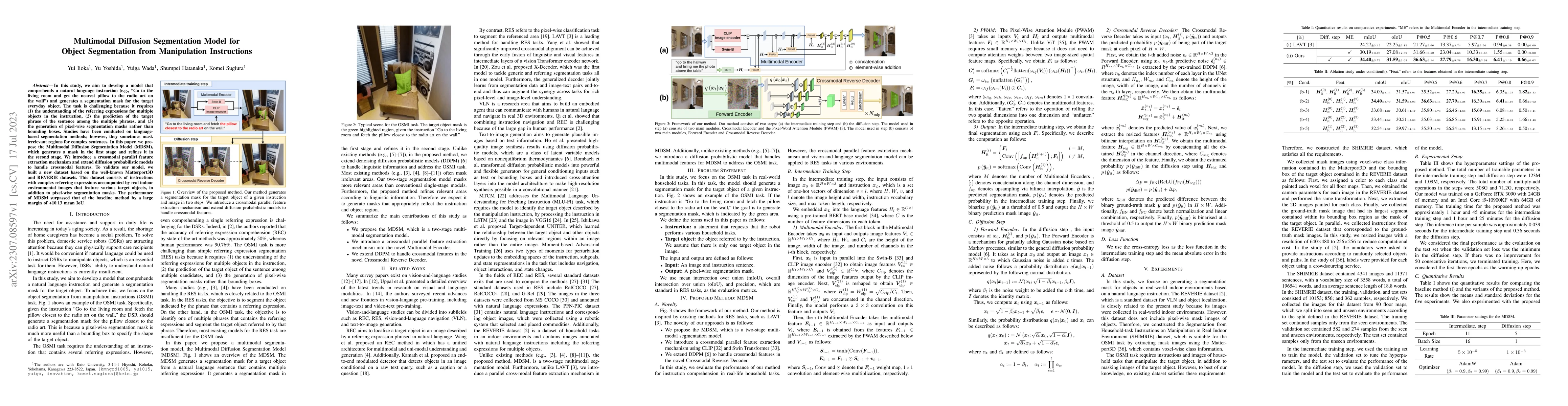 Thumbnail for Multimodal Diffusion Segmentation Model for Object Segmentation from
  Manipulation Instructions