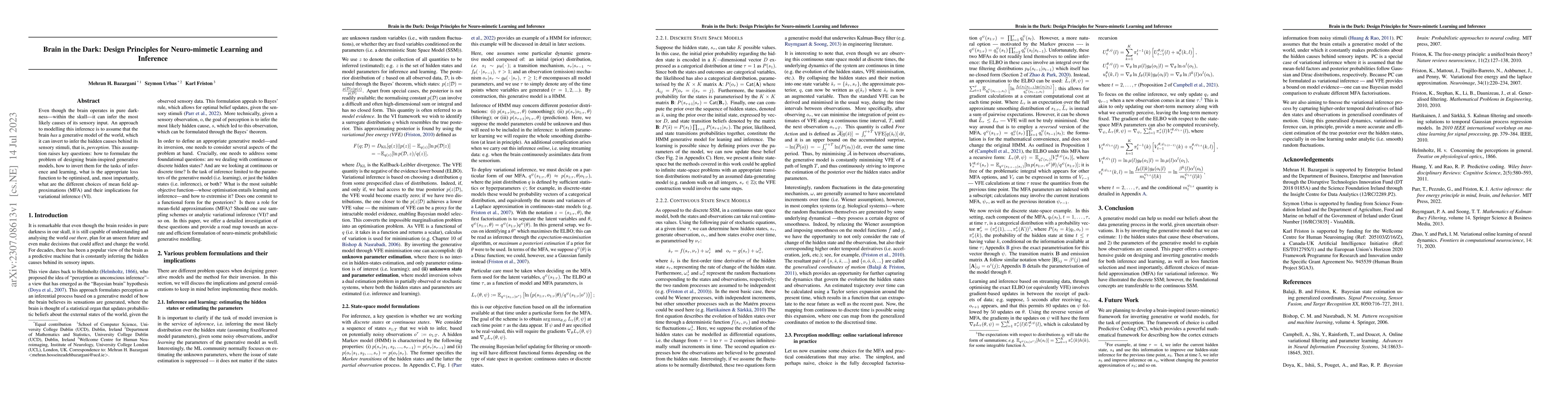 Thumbnail for Brain in the Dark: Design Principles for Neuro-mimetic Learning and
  Inference