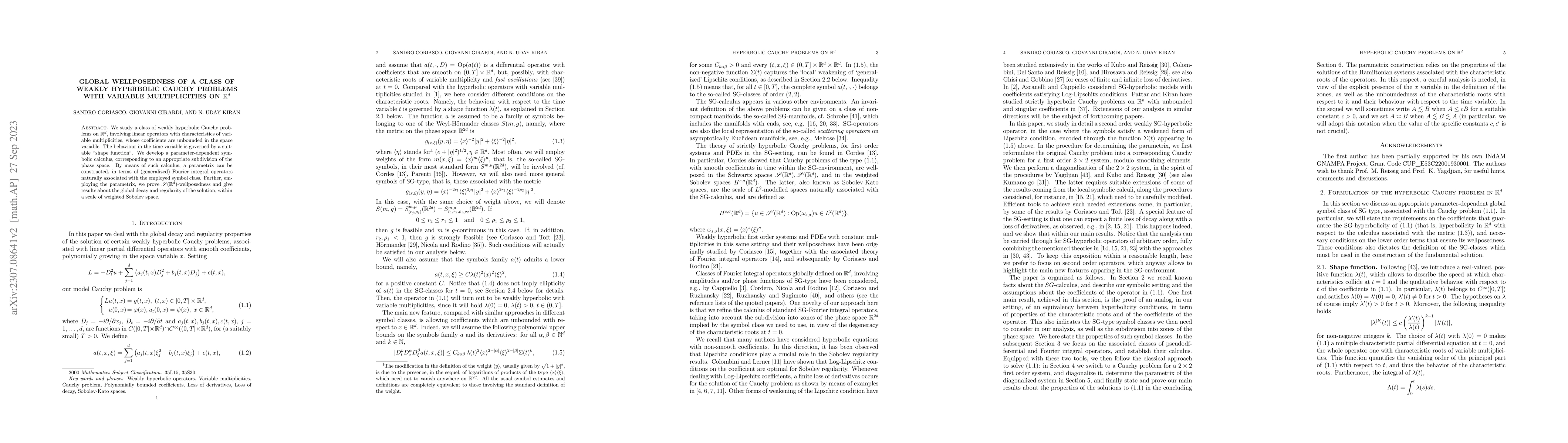 Thumbnail for Global Wellposedness of a Class of Weakly Hyperbolic Cauchy Problems
  with Variable Multiplicities on $\mathbb{R}^d$