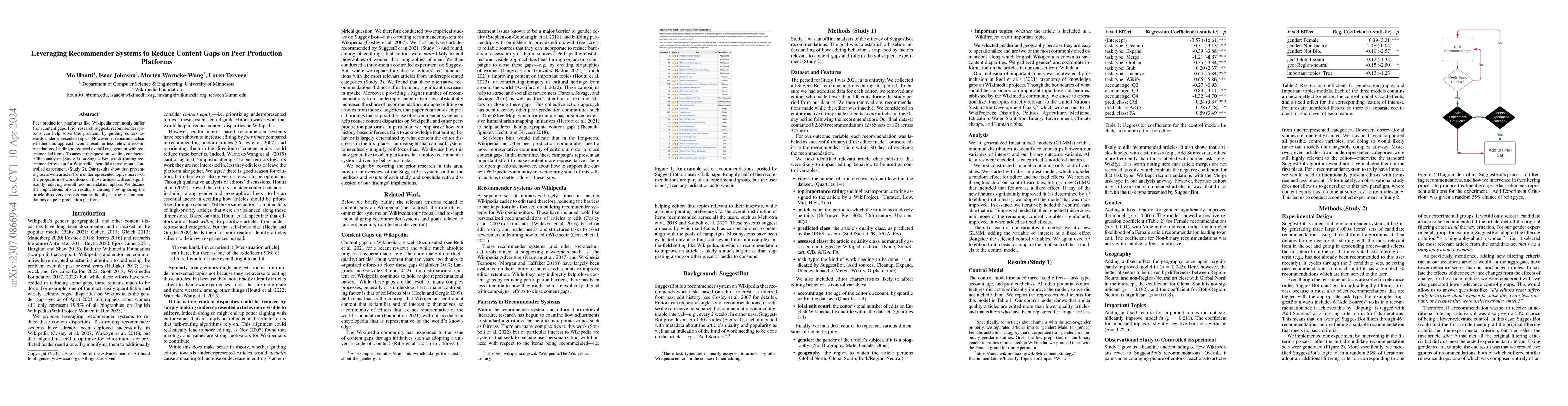 Thumbnail for Leveraging Recommender Systems to Reduce Content Gaps on Peer Production
  Platforms